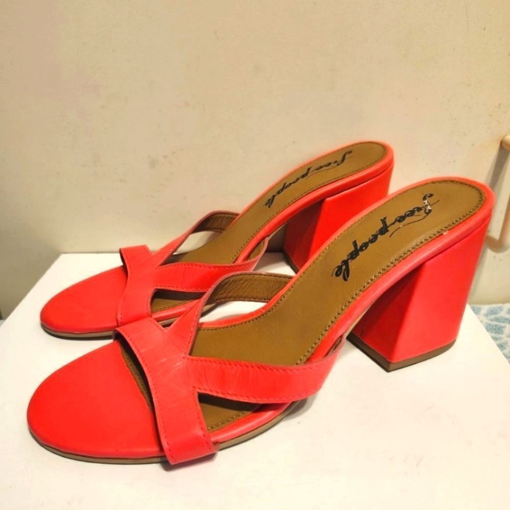 Free People Neon Coral Block Heel Slide Sandals